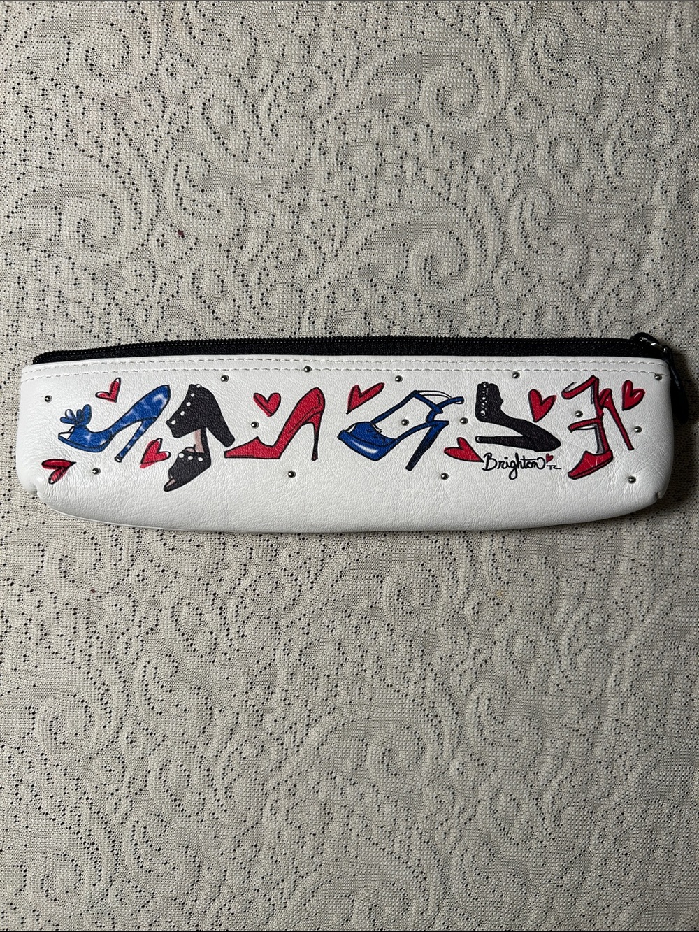 Brighton White Leather Cosmetic Zip Pouch with Red & Blue Shoe Motif